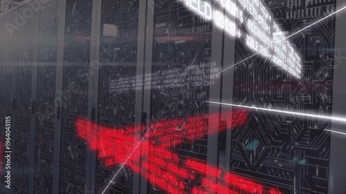 Tech racks centering reacting to white ticker popping, firing red arrows and lasers mapping traffic