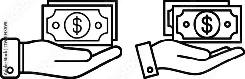 Hands offering money bills in line art style for financial transactions with white background