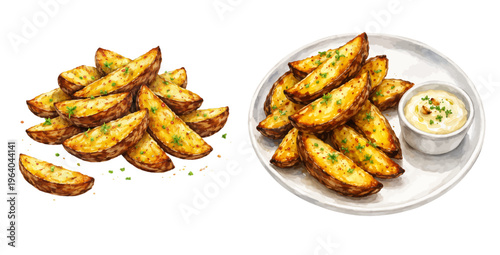 Watercolor potato wedges illustration, crispy seasoned potato wedges with dipping sauce isolated on white background.