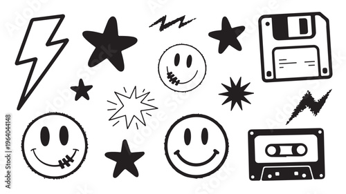 Retro 90s Sticker Pack with Cassette Tape Floppy Disk Smiley Faces and Lightning Bolts for Nostalgic Branding
