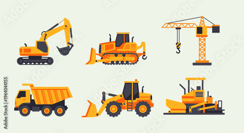 Construction vehicles and heavy machinery icons.