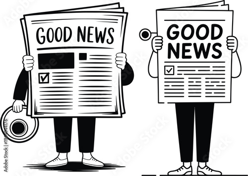 Two cartoon newspapers with legs and arms holding them, one with a magnifying glass, displaying "good news", black and white