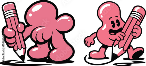 Two quirky pink cartoon characters with pencils, one writing, the other drawing, white background