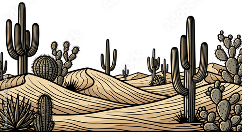 Desert plants and cacti landscape features.
