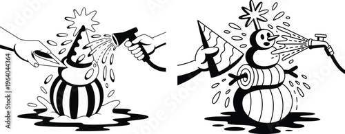 Whimsical snowman characters with party hats and celebratory elements, black and white line art illustration, party hat, winter season