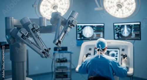 Surgeon using robotic surgery equipment.