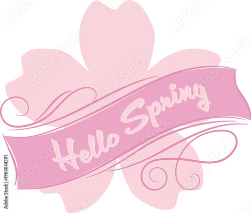 Hello Spring Text on Pink Ribbon Banner with Cherry Blossom Flower Silhouette