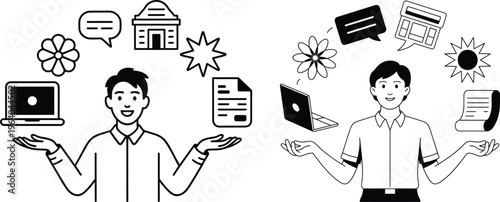 Overwhelmed person juggling business tasks and digital communication icons, modern vector concept illustration