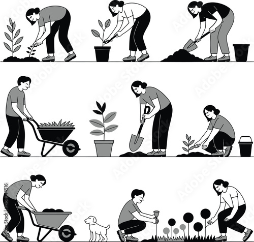 Gardening activities collage: planting seeds, watering plants, using wheelbarrow, and cultivating garden bed