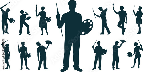 Artist silhouette collection set with painters holding brushes and palettes for creative architectural entourage vector