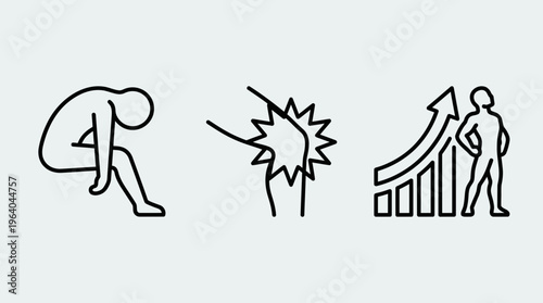 Minimalist medical line icons of joint pain and recovery, set of 3 vector symbols for physical therapy, knee injury and health improvement progress