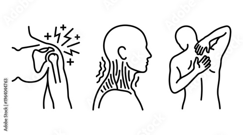 Shoulder and neck pain line icons, human body ache and muscle tension vector set, medical anatomy illustrations for healthcare and physical therapy