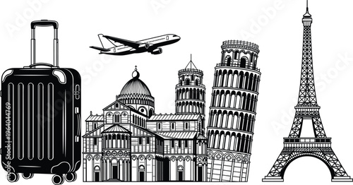 Black and white line art of travel suitcase, airplane, Eiffel Tower, Leaning Tower of Pisa and European landmarks, vacation and tourism concept set. (24 words)