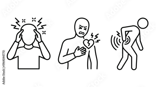Minimalist body pain icon set, line art illustrations of headache, heart attack, and backache, medical symptoms and health problems vector