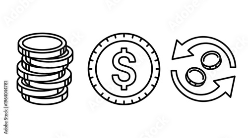 Minimalist money and finance icon set, black and white line art coins, dollar currency exchange and stack of coins vector illustration