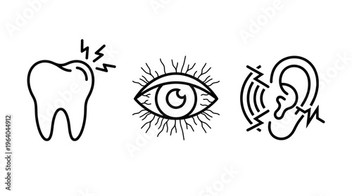 Black outline icons representing a tooth with ache an irritated eye and an ear with sound waves