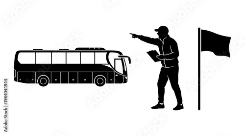 A black silhouette illustration showing a tour guide pointing towards a bus and a standing flag