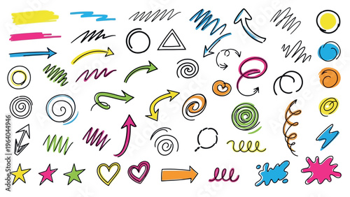 40 Colorful Doodle Arrows, Icons, and Symbols Vector Set