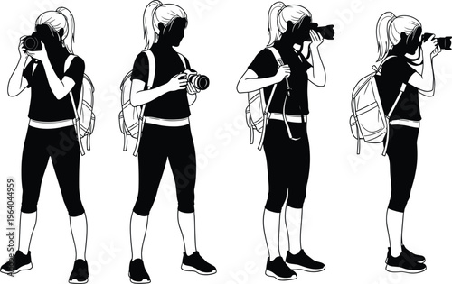 Black silhouettes of female photographers with backpacks holding professional DSLR cameras, set of woman traveler taking photos in various poses isolated on white background. (25 words)