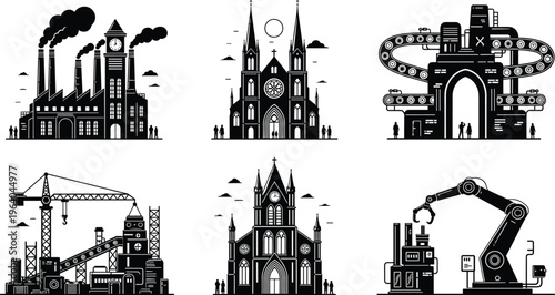 Black silhouettes of industrial factories, robotic arms, and gothic cathedrals, collection of manufacturing plants and religious church buildings isolated on white background set. (25 words)