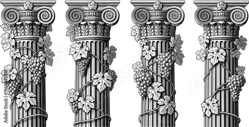 Set of classical Ionic columns with grapevine and grape clusters, vintage architectural pillars with botanical viticulture design elements isolated on white background set. (25 words)