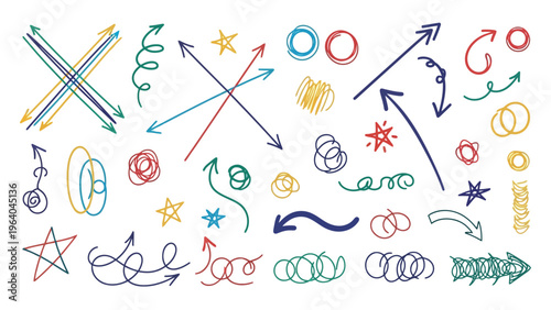 Hand drawn arrows, colorful icons, starburst symbols, vector graphics
