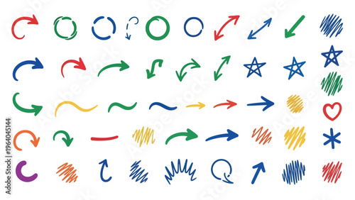 Hand drawn arrows, colorful icons, star and symbol set, vector graphics