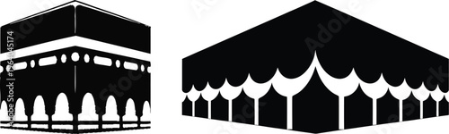 Stylized black cubic architectural structures with intricate details and draped lower sections, isolated vector illustration, cubic building, architectural structure