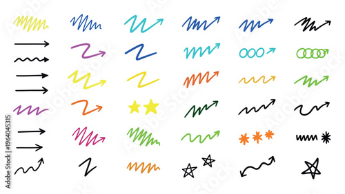 Hand drawn arrows, colorful icons, starburst symbols, vector graphics