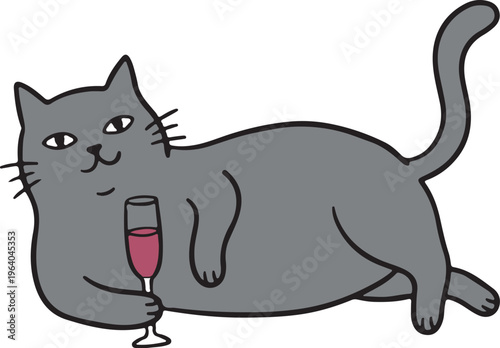 Charming gray cat enjoys a glass of ruby red beverage, reposing in a state of utter contentment and relaxation