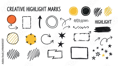 Creative highlight marks, vector icons set, yellow black white graphics, educational illustrations