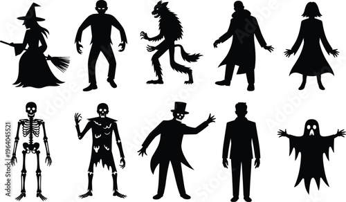 Halloween monster silhouette collection set with witch skeleton ghost zombie and werewolf flat vector illustration