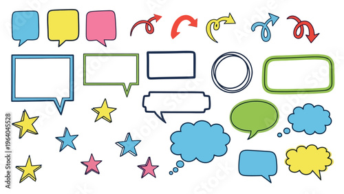 Colorful comic speech bubbles, chat icons, stars, and clouds, vector set