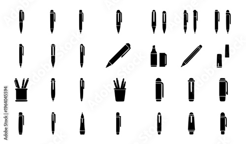  Pen and Writing Instruments Icon Set Featuring Fountain Pens, Ballpoint Pens, Markers, Ink Bottles, and Office Stationery for School, Business, and Creative Design