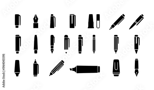  Pen and Writing Tool Icon Set Featuring Fountain Pens, Ballpoint Pens, Markers, Nibs, and Office Stationery for Education, Business, and Creative Design