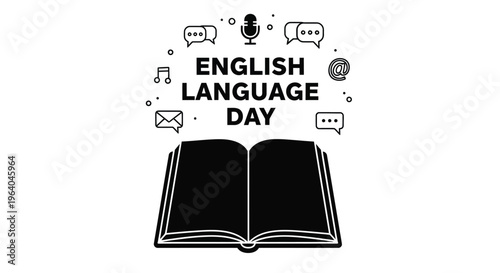 Black and white vector graphic illustration celebrating English Language Day with open book and communication icons