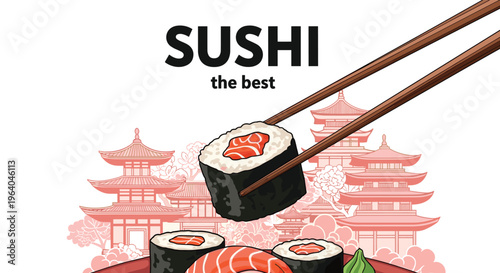Delicious sushi roll is being held by wooden chopsticks against a background of Japanese pagodas and cherry blossoms.