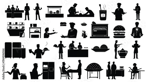 Set of restaurant business silhouettes with order flow and food service operation elements
