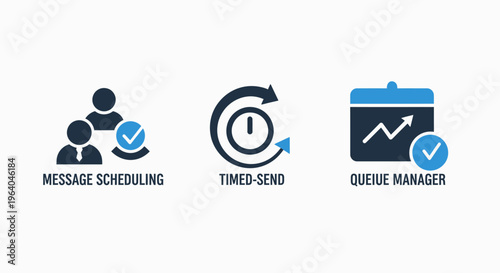 Business icons: message scheduling, timed send, and queue manager graphics for productivity and workflow