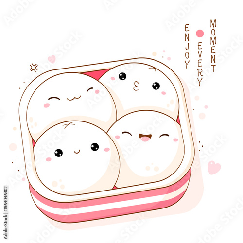 Box with cute Chinese mantou buns in kawaii style. Lunchbox set of assorted dim sum inside with smiling face. Can be used for t-shirt print, sticker, badge, greeting card. Takeaway snacks. Vector EPS8