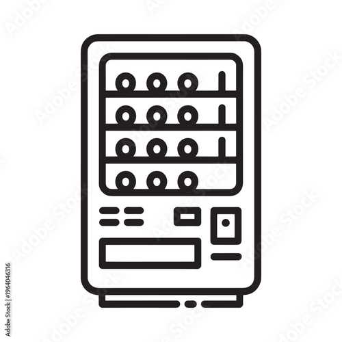 Simple line drawing depicts a classic vending machine with visible product slots