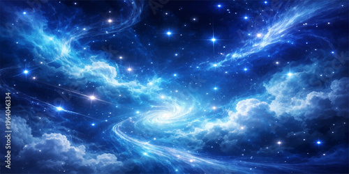 An abstract deep blue universe background features a bright nebula cloud and a dark cosmos field filled with glowing outer space stars