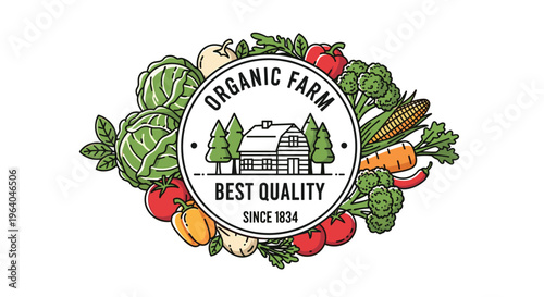 Circular organic farm label displays a farmhouse in the woods, encircled by a bountiful harvest of fresh garden vegetables.