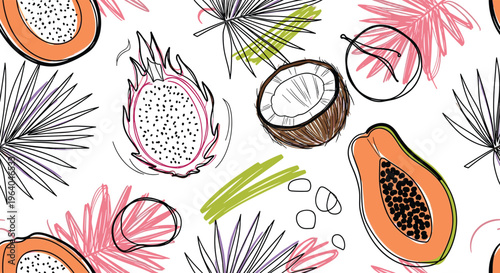 Vibrant seamless pattern features hand drawn tropical fruits like dragon fruit, papaya, and coconut mixed with colorful palm leaves.