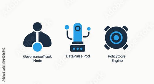Governance task node, data pulse core, and policy engine icons for information systems and artificial intelligence management