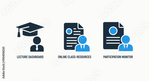 Modern flat vector icons depicting online education resources, mentorship programs, and professional development concepts for e-learning platforms