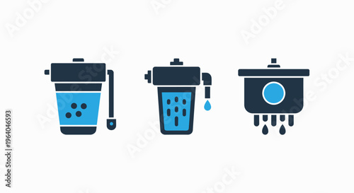 Set of three graphic icons illustrating different water filtration systems and purifiers with dripping water droplets