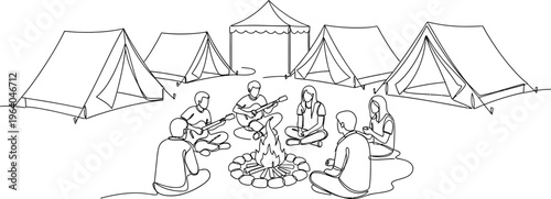 camping adventure, people sitting around campfire