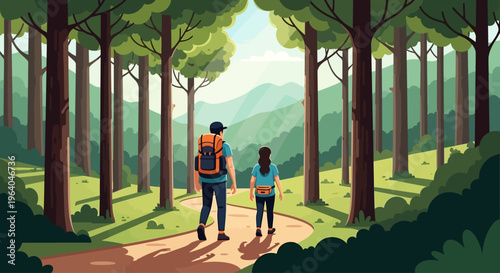 Man and child walking on pathway.