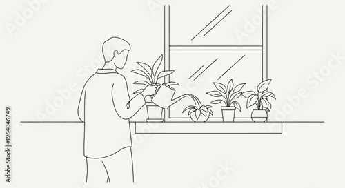 Man holding potted plant on windowsill.